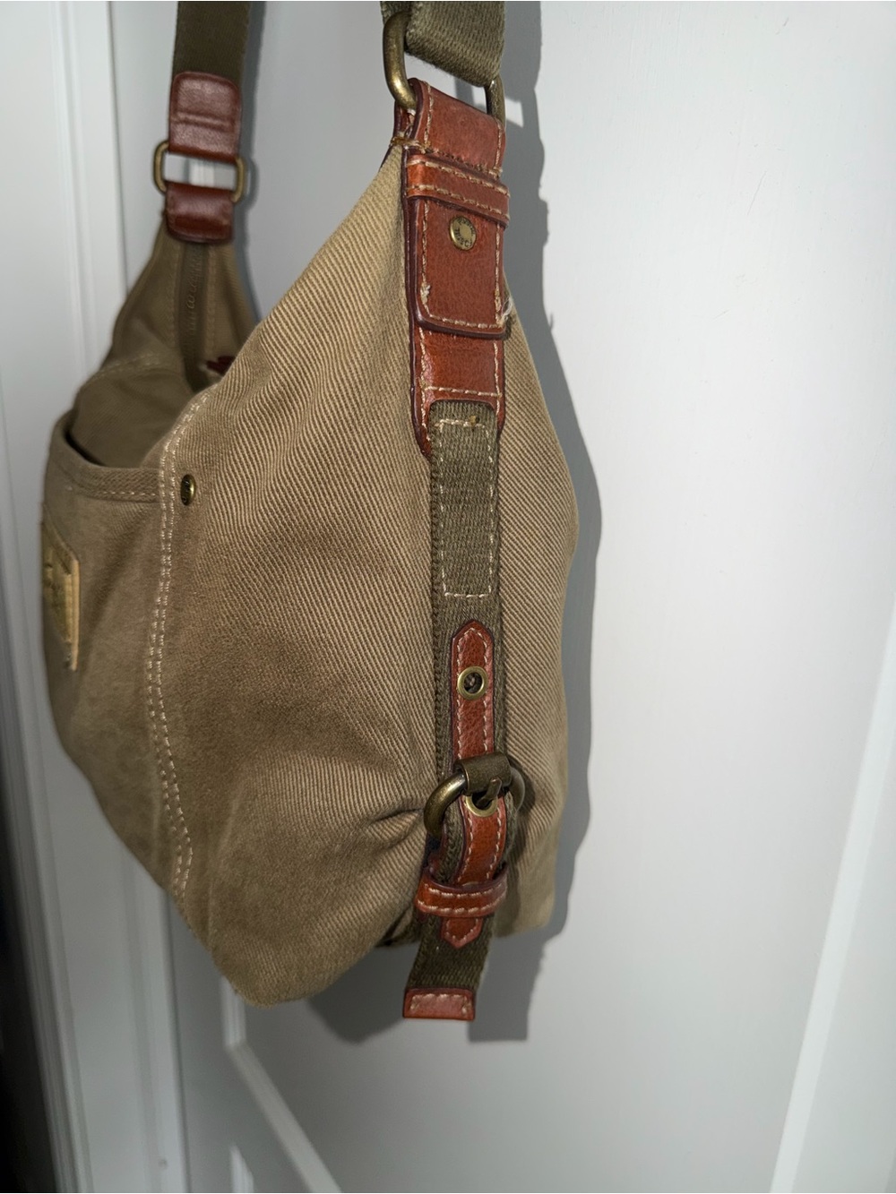 Vintage Fossil 1954 Canvas Shoulder Bag Y2K Olive Green Hobo Purse Leather Trim - Picture 3 of 9